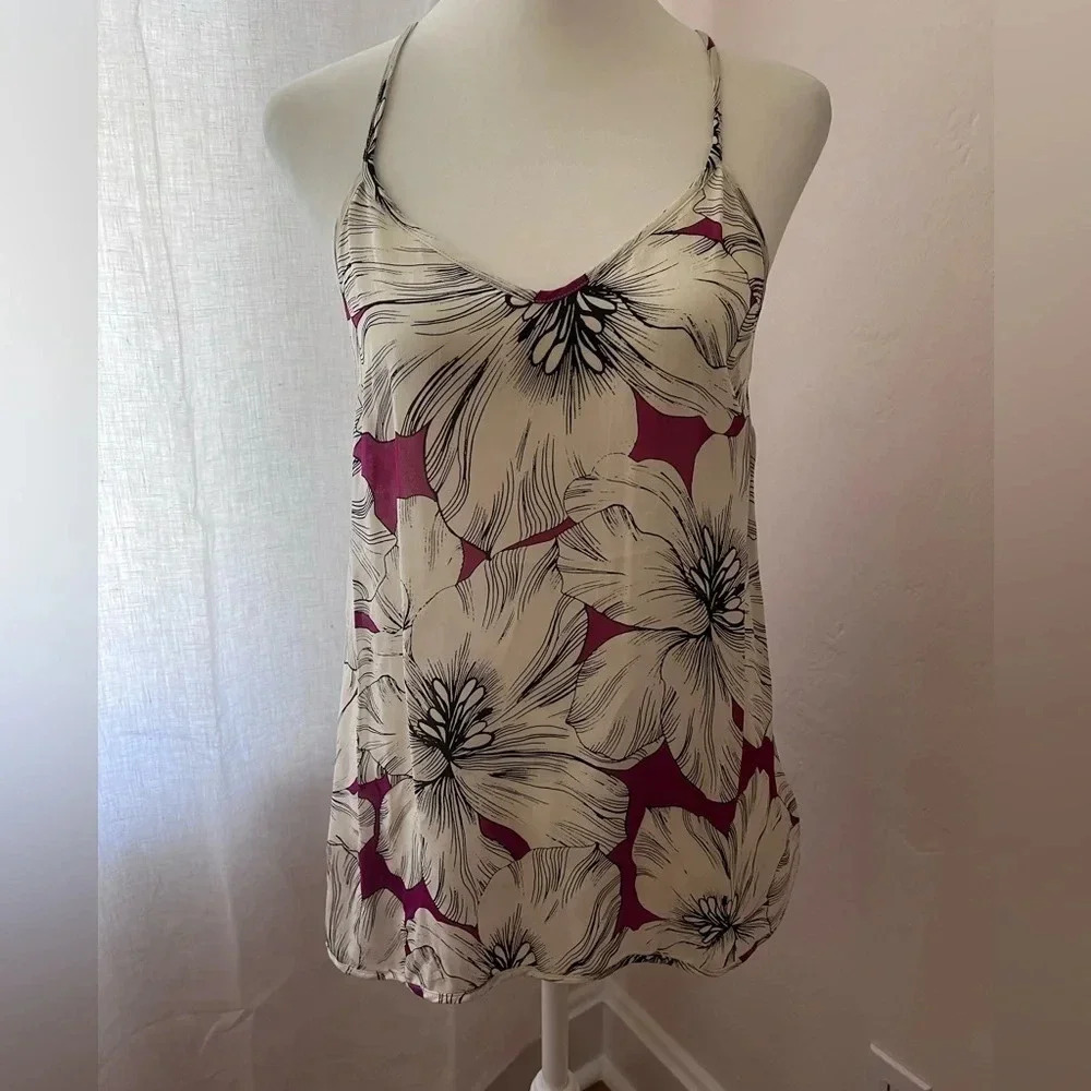 Ramy Brook Silk White and Pink Floral V‎ Neck Camisole Women Size Small
